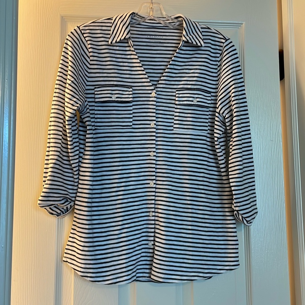 Talbots Collared Striped 3/4 Sleeve Button-Down